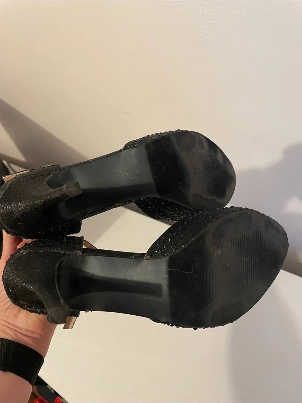 Black Rhinestone Ankle-Strap Platform Heels